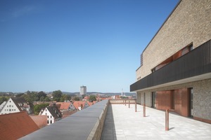  Von vornherein war eine Taubenabwehr in die Fassade einzuplanen. Auf der Terrasse wurden dafür alle 3,5 m Pfosten installiert, die mit Ultraschall die Tauben am Nieder-lassen hindern 