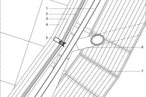  Legende Detail 5  1U-förmige Führungsschiene2Doppelverglasung mit Luftkammer3Horizontaler Außendeckel, Aluminium4L-förmige Abschlussecke, zwischen Doppelboden und Fassade5Stahlprofil, horizontal6Fassadenstahlrohr7Stahlschiene als Stütze der verstärkten Laufbühne 