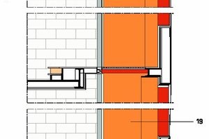  	1	Dachaufbau: 		Dachziegel, Nonne, Glasziegel 		Thermolackierter Stahlgitterrost 		Dämmung zwischen den aufge-			doppelten Pfetten		Dampfsperre		Holzlattenverblendung 		2	Bestehender Aufschiebling	3	Bestehender Binderbalken	4	Stahlträger	5	Haltestück für Außenwand	6	Alu-Profil, thermolackiert	7	Doppelverglasung VEC mit 			Dekorelement  aus durchbroche			ner Kupferfolie, im Außenfaser-		schichtglas, Isoliergehäuse 		zwischen den Stützträgern und 		Außenkappe aus lackiertem 		Kupfer	8	Stahlprofil mit Gipskarton-		verkleidung	9	Holzlattenverblendung 	10 	Aluminiumprofil	11	Glastür mit VEC-Formgestaltung	12	Säule und Randträger aus			patiniertem Stahl	13	Bestehende Stützmauer  aus Stein	14	Thermolackierter Stahlgitterrost	15	Stahlträger	16	Zähe Verstärkung der bestehen-		den Fassade	17	Stahlbetonsturz / bestehender 			Betonsturz	18	Nischenrahmen, verkleidet mit		patiniertem Stahlblech	19	Eingefärbter Putz	20	Bestehender Bogengang aus  		Stein	21	Roste aus durchbrochenem		Stahlblech 