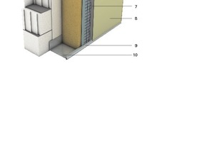  Wandaufbau der tragenden Außenwand: Bestand mit neu aufgebrachtem WDVS	1	Gipsputz 	2	Bimshohlblockstein	3	Bestandsputz/ Klebemörtel	4	Dämmung, zusätzlich mechanisch befestigt	5	Armierungsmörtel	6	Gewebe	7	Grundierung	8	Oberputz	9	Sockelabschlussprofil	10	Aufsteckprofil 