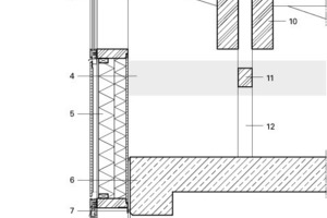  	1	Wandaufbau:		Dreischichtholzplatte, Lärche		Unterkonstruktion, Aluminium Z-Profie		OSB-Platte		Sparren 		Dämmung Mineralwolle		OSB-Platte		Abdichtung	2	OSB-Platte	3	Glaswand:		Pfosten-Riegel-System, Kipp-Öffnungsflügel,  		thermisch getrennt, Aluminium-Deckleisten		Sonnenschutzisolierglas 		Pfosten und Riegel aus BS-Holz	4	Haustechnik-Trasse	5	Volldämmung der Außenwand	6	Stahlbetondecke	7	Stahlprofil, Hinterstopfung mit Fugenband,  		PCI-Fugenabdichtung	8	Dachaufbau:		Sparren, Fichte		OSB-Flachpressplatte		Dampfsperre PE-Folie		Dämmung Mineralwolle		Dichtungsbahn PVC-P-NB	9	Holzkeil für Dachgefälle	10	Hauptträger Obergurt	11	Diagonale Aussteifungskonstruktion, Holz	12	Pfosten Aussteifungskonstruktion, Holz 