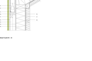  	1	Ortgang/Traufabdecken	2	Trennlage	3	Rautenlochblech	4 	Einlaufblech	5	Doppelstehfalzdeckung		Titanzink vorbewittert	6	Edelstahl Kastenrinne	7	Flüssigkunststoff-Abdichtung	8	Notüberlauf	9	Rinnenheizung	10	Rinnenboden	11	Lärchenholzfassade	12	diffusionsoffene Winddichtung	13	Unterkonstruktion Fassade	14	DWD Platte	15	Dämmung Mineralwolle	16	OSB Platte	17	Klimamembran	18	Installationsebene 
