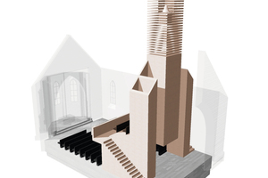  Empore, Treppen, Nebenräume und Glockenturm mit Orgel sind als zusammenhängende Holzstruktur in den Raum gestellt und teilen diesen in einen Vor- und den eigentlichen Kirchenraum 