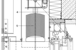  Detail Fensterkopfanbindung, o. M1 GfK-Element mit Wärmeschutzverglasung Ug=1,1 W/m²K; g=58%, Float 6mm, SZR 16mm; 2 Mineralwolle 120mm; 3 Blendenkasten; 4 Druckfeste Dämmung; 5 Flachlamellen b=80mm 6 Dreh-Kipp-Fenster, System Wicona Wicline 65, Wärmeschutzverglasung Ug=1,1 W/m²K; g=58%, Float 6mm 