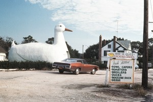  «The Big Duck», Verkaufsgebäude in Form einer Ente am Strassenrand auf Long Island, Flanders, New York, um 1970 