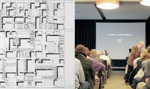  Strukturalismus vergangener Zeiten: links Grundriss FU Berlin (1963), Candilis-Josic-Woods, rechts: Grundriss Central Beheers Office, Apeldoorn. Dazwischen: Bühne für den Vortrag 