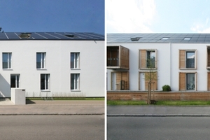  Ansichten der im Effizienzhaus Plus Standard sanierten und modernisierten Altbauten aus den 1930er-Jahren: links Sobek, rechts o5 architekten (Team Manfred Hegger) 