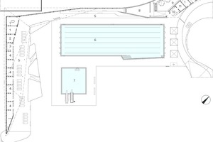  Grundriss Erdgeschoss Loungegebäude, M 1:750	1	DLRG	2	DLRG Trockenraum	3	Werkstatt	4	Lager	5	Terrasse	6	Schwimmbecken	7	Sprungbecken	8	Heizung/ Warmwasser	9	Technik	10	Schwimmmeister	11	Elektroverteiler	12	Erste Hilfe	13	Personalräume 