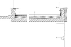  Detailschnitt Freibadbecken Bestand, M 1:50
Legende Detailschnitt Freibadbecken&nbsp;&nbsp;1Holzdecke2Brettschichtholz3Holzfensterbank4Wandaufbau: Putz Mauerwerk Dämmung Unterkonstruktion Blechverkleidung5Aufbau Terrasse:NatursteinKiesschüttungFilterschichtAbdichtungDämmungDampfbremseGefälledämmungStahlbeton-Decke6Glasgeländer7Paneel- Fertigteil8Rolltor9Bestehendes Freibad 