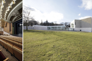  Architekt Brenne erläutert die Arbeit, Theatersaal, Theater auf dem Klieversberg (Nordost-, Stadtseite), Fassade Zubau (Südwestseite) 