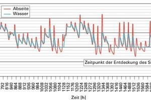  Bild 11: Berechnete Temperaturen (Randbedingungen: Abseitenwand ungedämmt, Temperatur im Gebäude: 16 °C, Rohrdämmung durchnässt) 