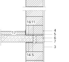  	1	Dachrandblech	2	U-Schale/ Ringbalken 250/490/238 mm	3	Putz abgeglättet	4	Rissbrücke	5	Mörtel M15 20 mm	6	Stein geschnitten	7	Steinwolle	8	Außenputz/ Waschputz	9	Wechsel Grundputz/ Sockelputz	10	XPS Dämmung	11	Toleranzraum 10 mm	12	Dichtungsschlämme 2K	13	Steinwolle 20 mm	14	Deckenlager exzentrisch	15	Innenputz	16	Trennlager 3 mm	17	Stellstreifen 