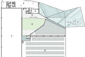  Grundriss Ebene 3, M 1 : 1 250
Legende Grundriss 3. Obergeschoss&nbsp;&nbsp;1Technik2Büro3Küche4Mensa5Terrasse6Gründach7Hochregallager8Photovoltaikanlage 