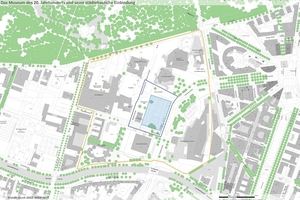  Lageplan mit Betrachtungsrahmen (orangefarbene Linie), Wettbewerbsgebiet (blaue Linie), Baufeld (blau eingefärbte Fläche) und möglichem Anschluss Neue Nationalgalerie (pinkfarbene Linie) 