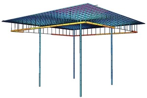  Das Tragsystem des Atriumdaches ist ein gleichmäßig angeordneter, in zwei Achsen abgetragener Rost mit einem Rastermaß von 1,58 m 