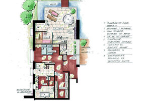  Beispiel einer Konzeptplanung für einen privaten Wohnhausbereich mit großzügigem Wellness- und Saunateil. Der ganze Trakt ist als Einheit zu betrachten, eine offene Zone mit Wohn- und Essraum schließt sich rechts an 