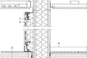  	1	Vorsatzschale,		Beplankung akustisch absorbierte 				Schlitzplatten		auf Systemkonstruktion verklebt,		Oberfläche mit DD Lacksystem lackiert,	2	Mineralwolle zur Schallabsorption	3	Bodenaufbau:		Teppichboden		Zementestrich		PE-Trennfolie		Trittschalldämmung		Ausgleichsschicht	4	Aluminium Sockelleiste 