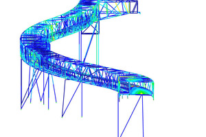  Bei dieser Brücke scheinen die Diagonalen zwischen Ober-und Untergurten willkürlich platziert, sie folgen jedoch dem optimalen Kraftfluss. Dieser wurde mit Hilfe von „GENTs“, welches eine automatische Berechnung und Analyse ermöglicht, so konnte Länge, position und Verteilung der quadratischen 120-140mm dicken Hohlprofile ermittelt werden.Die Diagonalen befinden sich nicht nur an den Seiten, sondern auch auf der Ober-und Unterseite der Brücke 