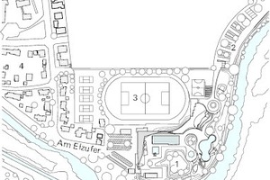  Lageplan, M 1 : 7 500	1	Neues Freibad	2	Neue Parkplatzflächen	3	Sportgelände	4	Wohngebiet	5	Fluß Elz 