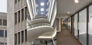  Harmonisches Ganzes: Technisches Dienstleistungszentrum, Bielefeld. Links das Atrium mit Treppe, Fassadenansichten, Flur Neubau und neuer Haupteingang 