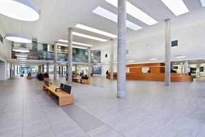  Die Eingangshalle ist auf beiden Seiten raumhoch verglast, um möglichst viel Licht in die Innenräume zu bekommen. Von der Eingangshalle, von der die Architekten gerne als Lobby sprechen, gehen die Haupt- und Untermagistrale ab 