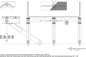  Längs-und Querschnitt durch die Gitterrostbahn im Bereich der V-Stütze, M 1 : 50 